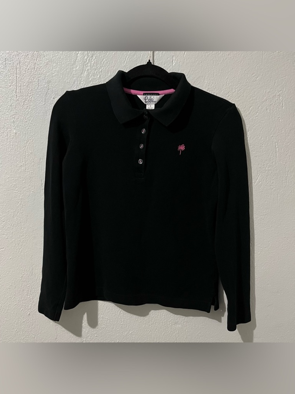 Vtg Lilly Pulitzer Pima Cotton Black Long Sleeve Golf Polo Top Palm Tree Logo, S